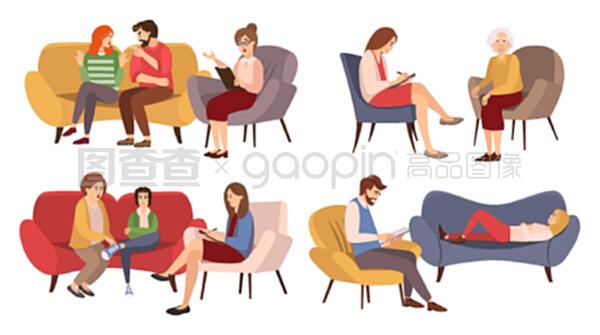 一组关于心理治疗会议的图片。人们坐在一个专家的招待会上。不同的心理学家把病人的问题写在隔离在白色背景上的纸上。一组关于心理治疗会议的图片。人们坐在一个专家的招待会上